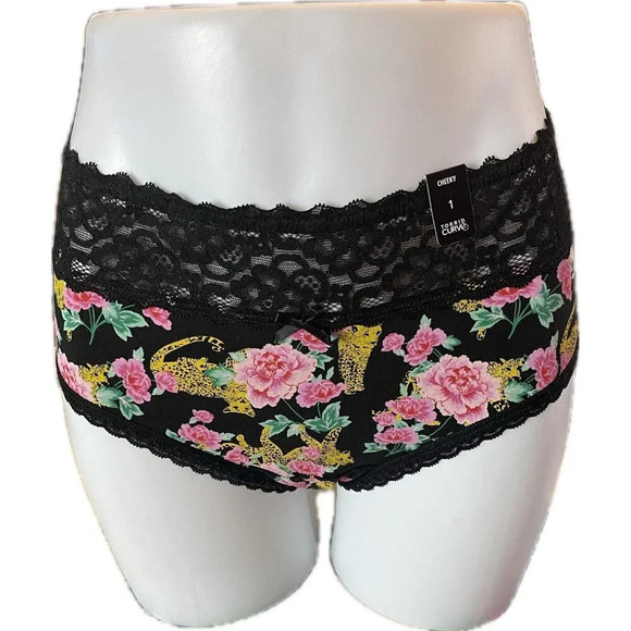 Torrid 0/L Black Floral & Cheetah Print Scallop Lace Waistband Cheeky Panties - Picture 2 of 6